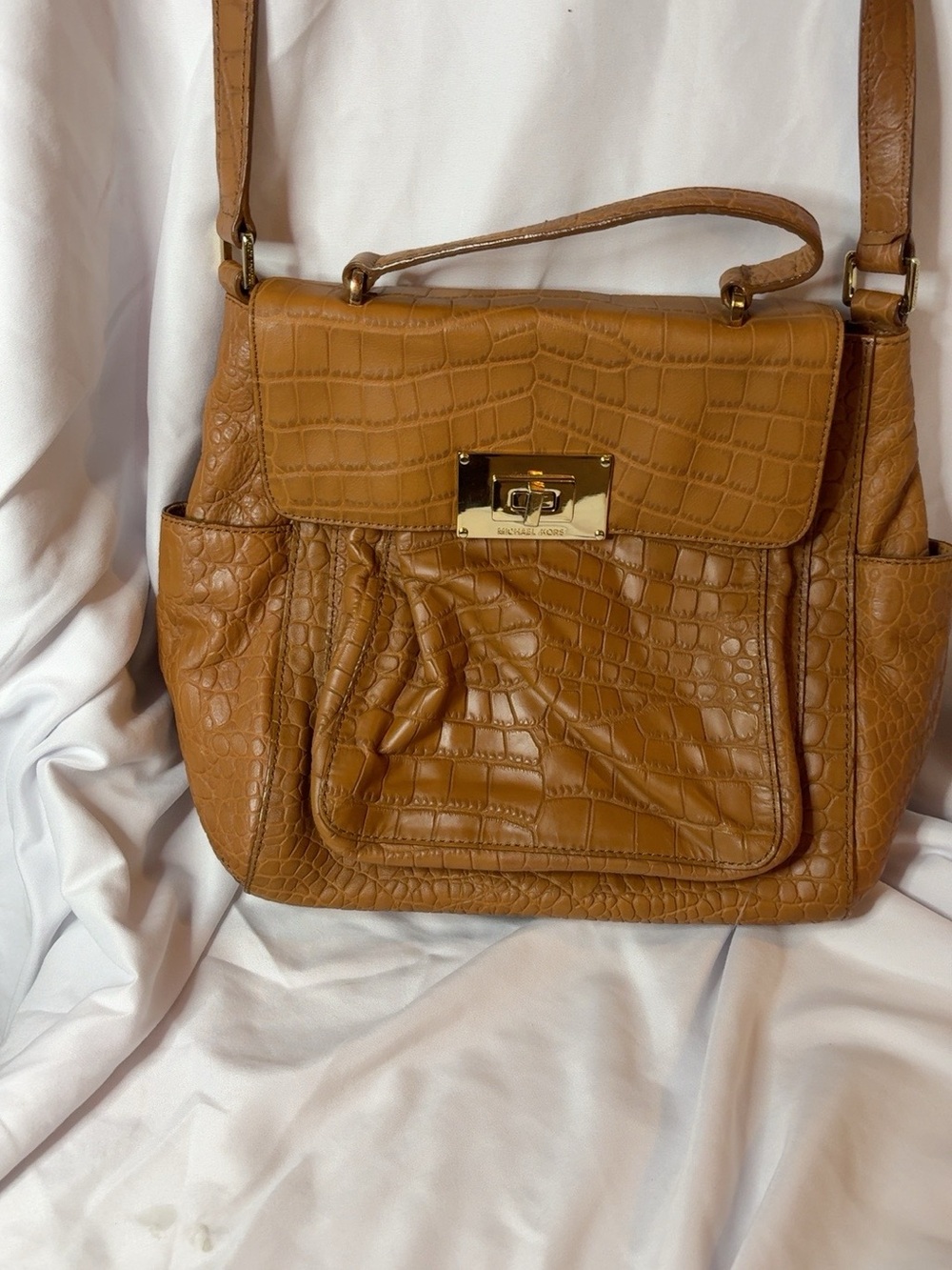 MICHAEL Michael Kors Croc-Embossed Tan Shoulder Bag with Gold Hardware